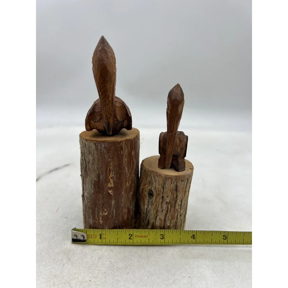 Hand Carved Wood Pelican Pair Figurines on Log Bases Rustic Coastal Folk Art